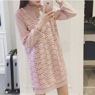 Set : Plain Long-sleeve Dress + Lace Tank Dress