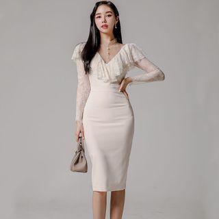 Long-sleeve Ruffled Lace Sheath Dress