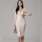 Long-sleeve Ruffled Lace Sheath Dress