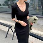 Short-sleeve Midi Sheath Dress Black - One Size