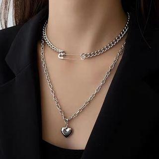 Safety Pin & Heart Pendant Stainless Steel Layered Necklace Silver - One Size