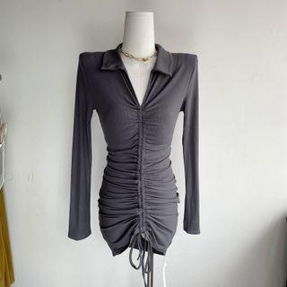 V-neck Plain Pleated Drawstring Skinny Mini Dress