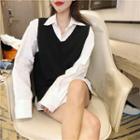 Plain Knit Vest / Long-sleeve Loose-fit Shirt / Leopard Skirt