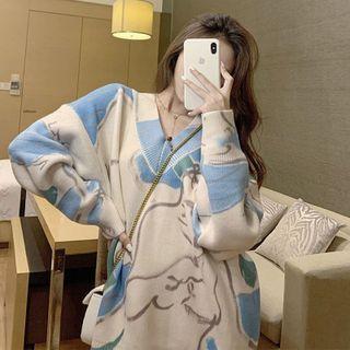 V-neck Sweater Beige & Blue - One Size