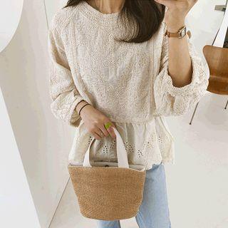 Eyelet-lace Hem Crochet Top Beige - One Size