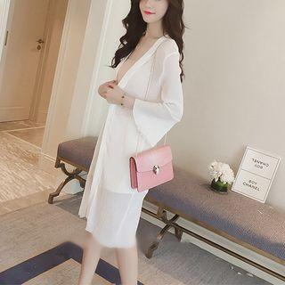 Plain 3/4-sleeve Open Front Chiffon Jacket