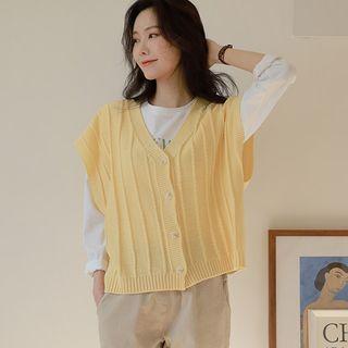 Sleeveless Drop-shoulder Ribbed Cardigan
