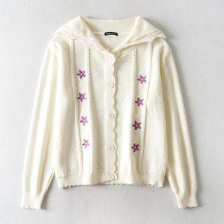 Collared Floral Embroidered Cardigan White - One Size