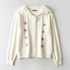 Collared Floral Embroidered Cardigan White - One Size