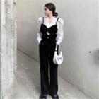 V-neck Lace Top / Sleeveless Ribbon Jumpsuit