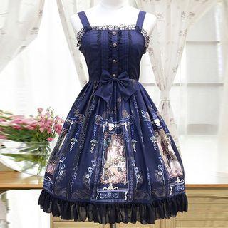 Lace Trim Bow Accent Printed Pinafore Dress