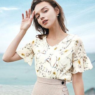 Short-sleeve Chiffon Floral Print Top