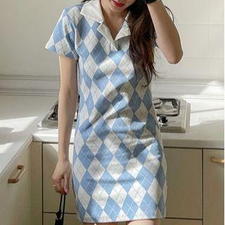 Argyle Knit Mini Bodycon Polo Dress
