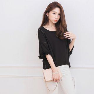 Elbow-sleeve Frilled Trim Top