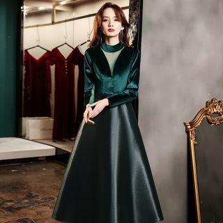 Long-sleeve Velvet A-line Evening Dress