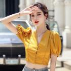 Short-sleeve V-neck Button-up Crop Top