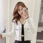 Long-sleeve Contrast Trim Perforated Cardigan