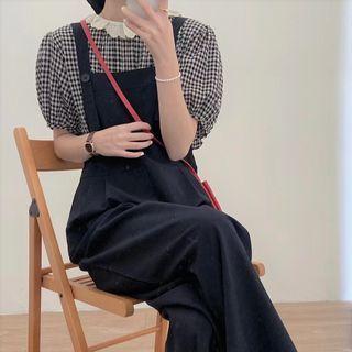 Short-sleeve Plaid Blouse / Jumper Pants