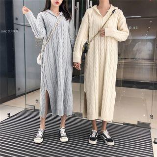 Hooded Long-sleeve Midi Cable-knit Dress
