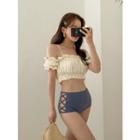 Bikini Set: Cold-shoulder Frilled Top + Strappy-side Bottom One Size
