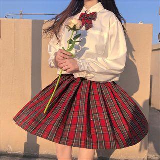 Long-sleeve Shirt / Plaid Mini A-line Skirt / Bow Tie