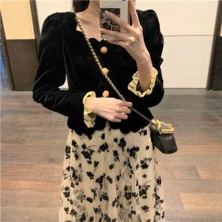 Ruffle Trim Cropped Blouse / Floral Print Midi A-line Skirt