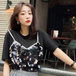 Short-sleeve Sequin Mock Two-piece T-shirt