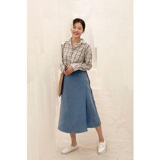 Denim A-line Long Wrap Skirt Dark Blue - One Size