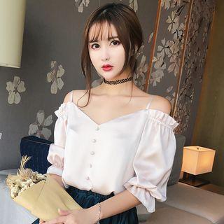 Plain Off-shoulder Spaghetti Strap Short-sleeve Top