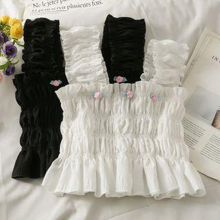 Flower-accent Ruffle-trim Smocked Crop Top