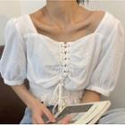 Drawstring Short Sleeve Blouse White - One Size