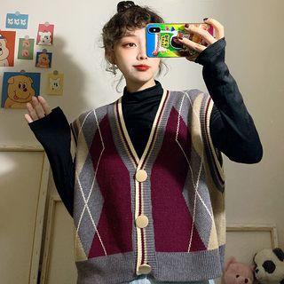 Long-sleeve Mock-neck T-shirt / Button Argyle Knit Vest