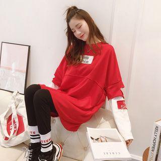 Lettering Mock Two-piece Long Pullover