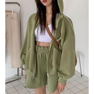 Set: Long-sleeve Plain Zip Hooded Jacket + Plain Shorts Green - One Size