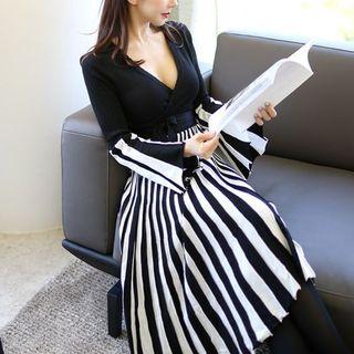 V-neck Stripe-panel Knit Midi Dress