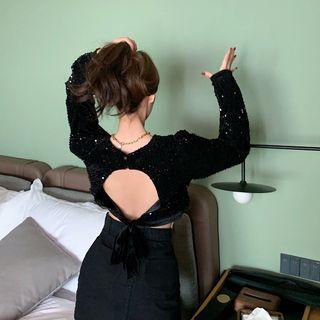 Round-neck Open Back Plain Cropped Top Black - One Size