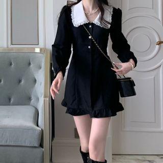 Long-sleeve Ruffle Two-tone Mini Collared Dress
