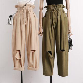 Paperbag High-waist Distressed Wide-leg Pants
