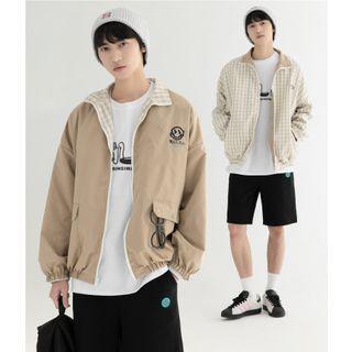 Reversible Checked Cartoon Print Zip Jacket