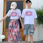 Couple Matching Elbow-sleeve Print T-shirt / A-line Midi Skirt