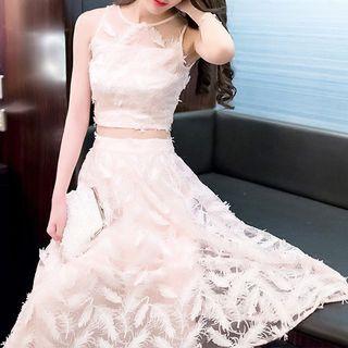Set: Sleeveless Feather-accent Top + Skirt