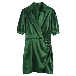 Plain V-neck Short Sleeve Sheath Mini Shirt Dress