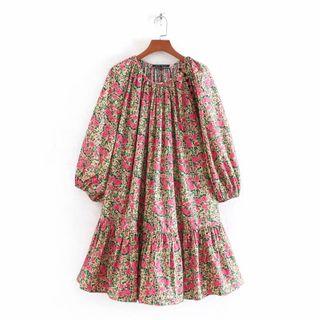 Floral Print Balloon-sleeve Mini A-line Dress