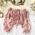 Long-sleeve Floral Pattern Smocked Cropped Top