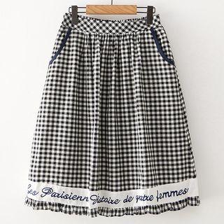 Letter Embroidered Checked Midi A-line Skirt Black - One Size