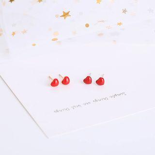 925 Silver Heart Earring Eh003w - Red Heart - Silver - One Size