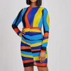 Color-block Long-sleeve Mini A-line Dress