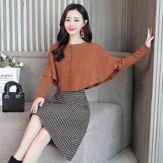 Set: Crew-neck Long-sleeve Knit Top + High Waist A-line Skirt