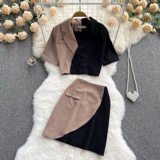 Set Of 2 : Short-sleeve V-neck Color Panel Top + Color Panel Skirt