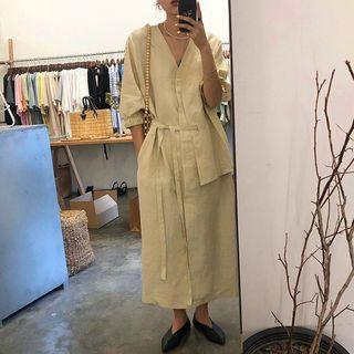 Side Tie 3/4-sleeve Midi Dress Beige - One Size